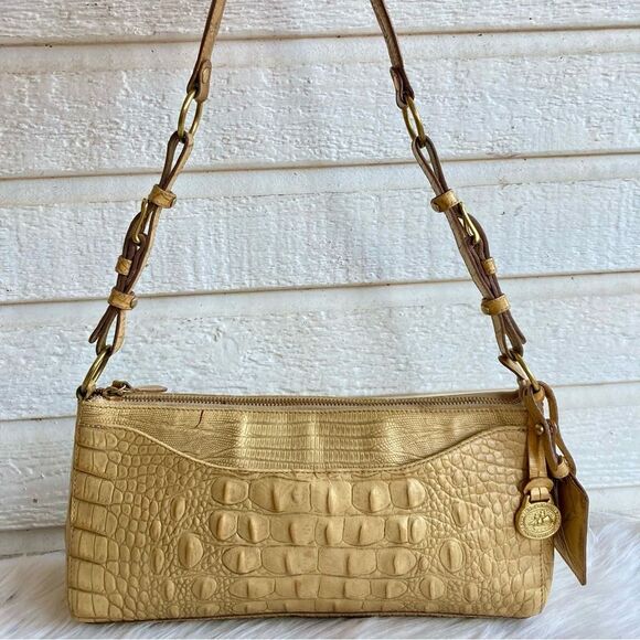 BRAHMIN Tan Croc Embossed Hobo Baguette Shoulder Bag Java Asher Melbourne Elisa - Picture 2 of 14